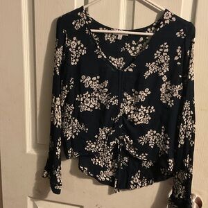 Patrons of Peace Navy and White Floral V-Neck Ruched Blouse